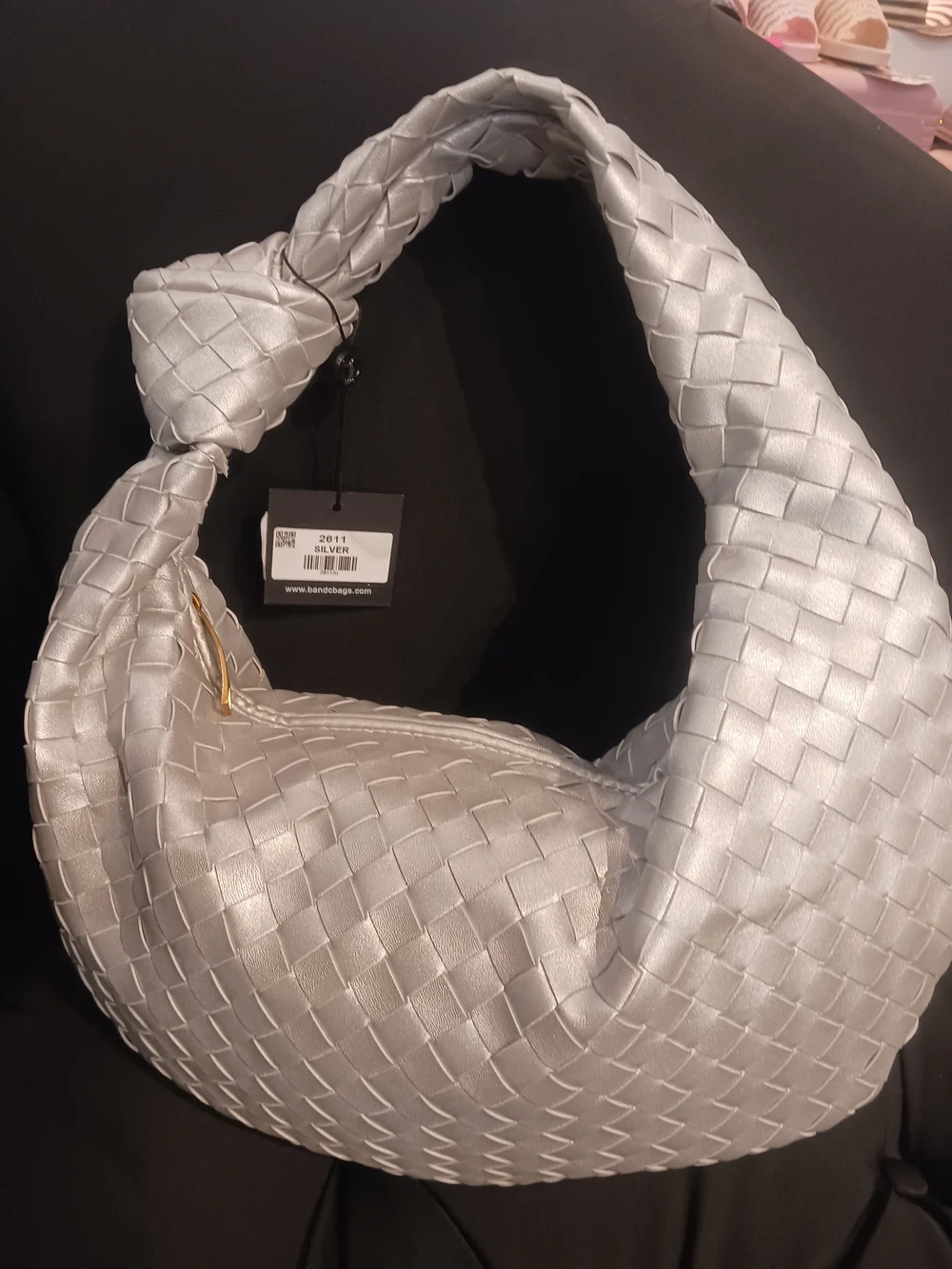 Woven Silver Hobo Bag with Knotted Shoulder Strap